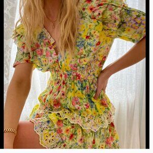 LoveShackFancy Short Sleeve Floral Aldina Mini Dress Rainbow Skies Size Medium